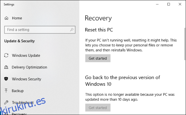Menú de recuperación de Windows 10.