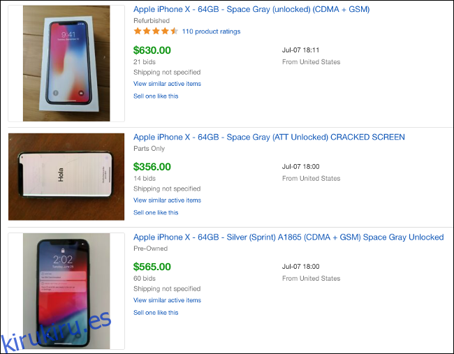 Listados de subastas de eBay de iPhone X vendidos.