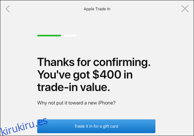 La pantalla de valor de Apple Trade In.