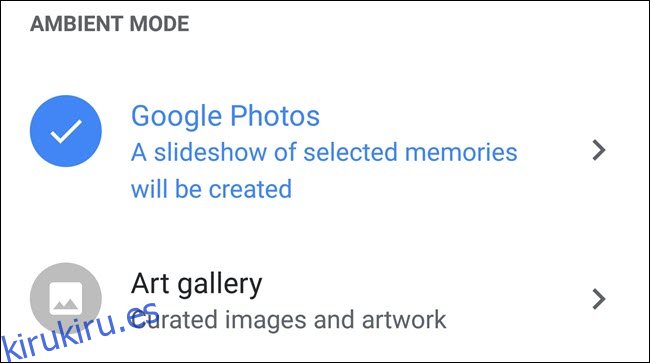 Configuración del modo ambiente de Google Home, con Google Photos seleccionado.