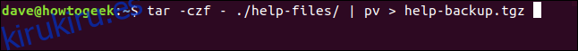 tar -czf - ./help-files/ |  pv> help-files.tgz en una ventana de terminal ”width =” 646 ″ height = ”57 ″ onload =” pagespeed.lazyLoadImages.loadIfVisibleAndMaybeBeacon (this); ”  onerror = ”this.onerror = null; pagespeed.lazyLoadImages.loadIfVisibleAndMaybeBeacon (this);”> </p>
<p> Obtenemos los mismos indicadores de progreso que antes, y el archivo de almacenamiento se crea para nosotros. </p>
<div style=