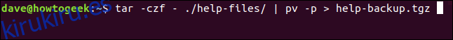 tar -czf - ./help-files/ |  pv - p> help-files.tgz en una ventana de terminal ”width =” 646 ″ height = ”57 ″ onload =” pagespeed.lazyLoadImages.loadIfVisibleAndMaybeBeacon (this); ”  onerror = ”this.onerror = null; pagespeed.lazyLoadImages.loadIfVisibleAndMaybeBeacon (this);”> </p>
<p> Esto desactiva todas las demás opciones de visualización.  pv proporciona solo el elemento de porcentaje completado. </p>
<p> Debido a que pv no obtiene una cifra de porcentaje completado de tar, la barra de progreso se reemplaza con un indicador móvil.  No hay una cifra porcentual. </p>
<p> <img loading =