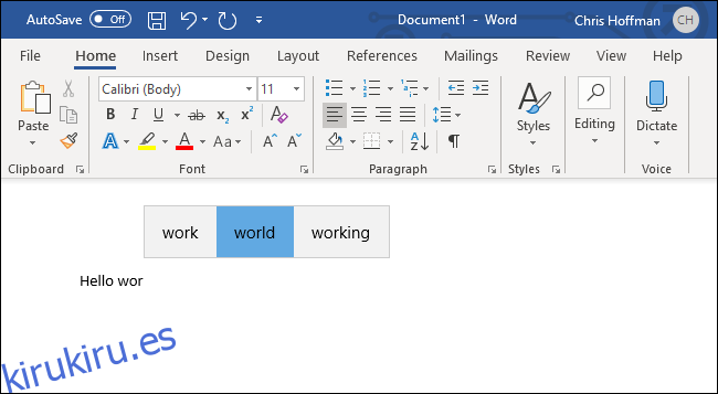 Predicción de texto de Windows 10 para un teclado de hardware en Microsoft Word.