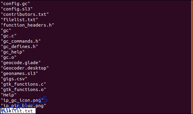 Contenido de filenames.txt en less en una ventana de terminal.