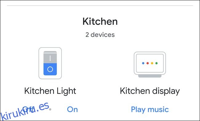 Grupo de sala de cocina de Google Home, que muestra la luz y la pantalla del concentrador Nest.