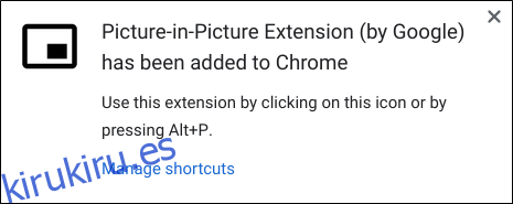 La notificación de que la extensión se instaló correctamente en Chrome.