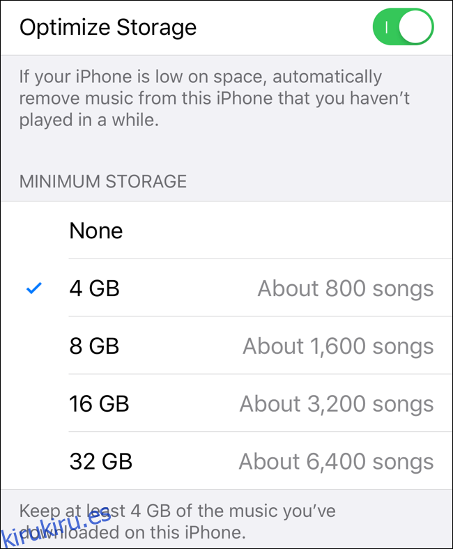 Seleccione Almacenamiento mínimo en Optimizar almacenamiento para Apple Music