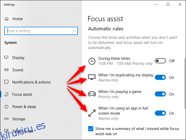 Focus Assist reglas automáticas en Windows 10