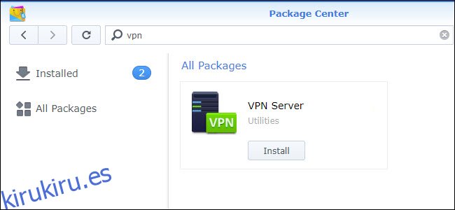 Centro de paquetes que muestra la instalación del servidor VPN.