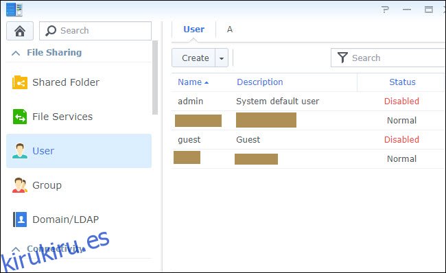Panel de control de Synology Opciones de usuarios con perfil de administrador desactivado.