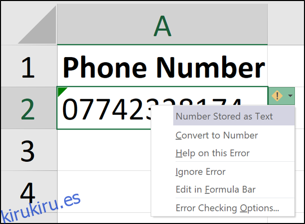 Número de teléfono almacenado como texto en Excel