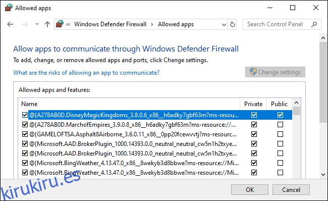 Una lista de aplicaciones permitidas del Firewall de Windows Defender.