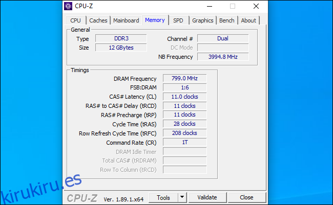 CPU-Z mostrando tiempos de RAM