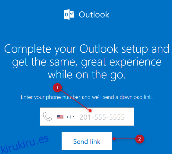 La página web de Outlook que envía un vínculo a la aplicación móvil de Outlook.