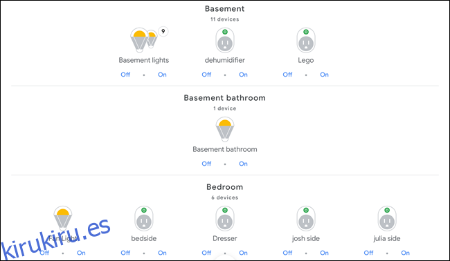 Google Home muestra dispositivos inteligentes en un sótano y un dormitorio.