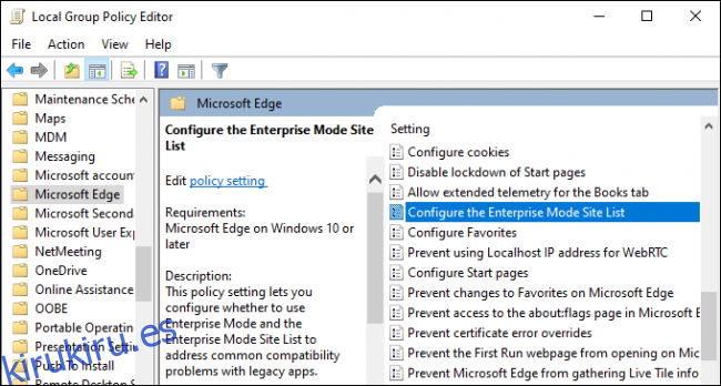 Configuración de la lista de sitios del Modo de empresa en Windows 10.