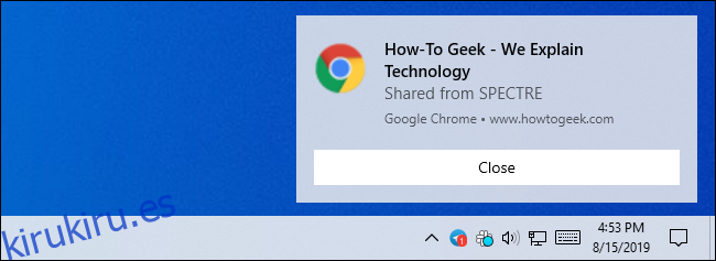 Notificación para una pestaña compartida en Google Chrome en Windows 10