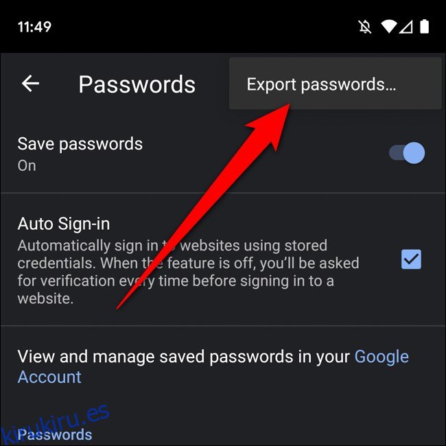 Opción de exportación de contraseñas de Android Chrome