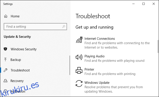 Herramientas de solución de problemas en la aplicación de configuración de Windows 10