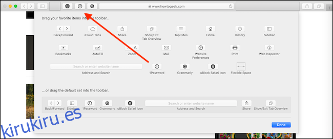 Mover un botón del panel de personalización a la barra de herramientas de Safari