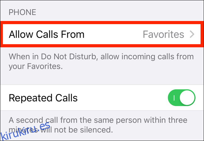 Toque la opción Permitir llamadas desde en la sección No molestar