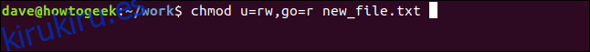chmod u = rw, og = r new_file.txt en una ventana de terminal