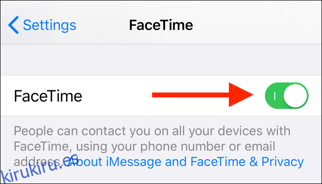 Toque la palanca de FaceTime para desactivar FaceTime en su iPhone o iPad