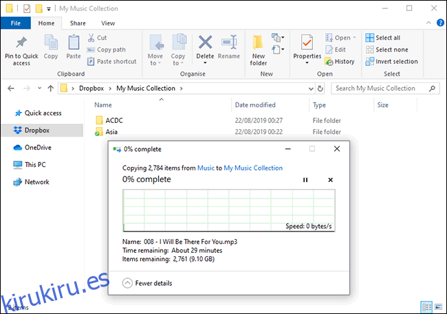 Carga de archivos en Dropbox en el Administrador de archivos de Windows