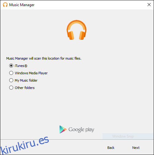 Pantalla de configuración de exploración previa de Google Play Music Manager