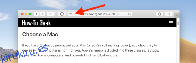 Haga clic en el icono Vista de lector de la barra de URL en Safari en Mac