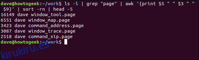 Cinco archivos .page más grandes enumerados en orden inverso de tamaño en una ventana de terminal