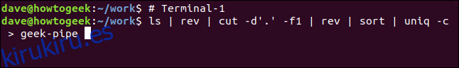 ls |  rev |  cortar -d '.'  -f1 |  rev |  ordenar |  uniq -c> geek-pipe en una ventana de terminal ”width =” 646 ″ height = ”97 ″ onload =” pagespeed.lazyLoadImages.loadIfVisibleAndMaybeBeacon (this); ”  onerror = ”this.onerror = null; pagespeed.lazyLoadImages.loadIfVisibleAndMaybeBeacon (this);”> </p>
<p> No parecerá que suceda mucho.  Sin embargo, puede notar que no regresa al símbolo del sistema, por lo que algo está sucediendo. </p>
<p> En la otra ventana de terminal, emita este comando: </p>
<pre> cat <geek- tubería </pre>
<p> <img loading =