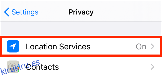 Toque Servicios de ubicación desde la aplicación Privacidad