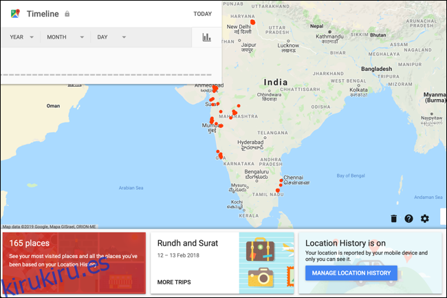 Vista de la línea de tiempo de Google Maps para su cuenta que muestra el mapa de su país