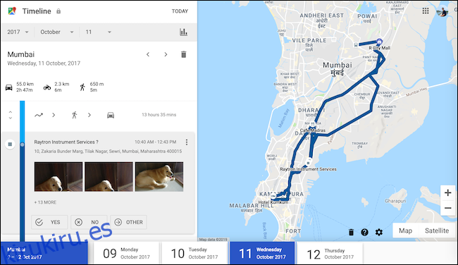 Eche un vistazo a los datos del historial de ubicaciones de un día determinado en la vista de línea de tiempo de Google Maps