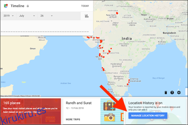 Haga clic en el botón Administrar historial de ubicaciones de la página de la línea de tiempo de Google Maps