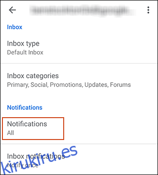 Configuración de la cuenta en Gmail con notificaciones resaltadas