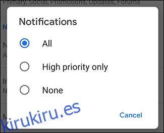Configuración de notificaciones para la cuenta de Gmail
