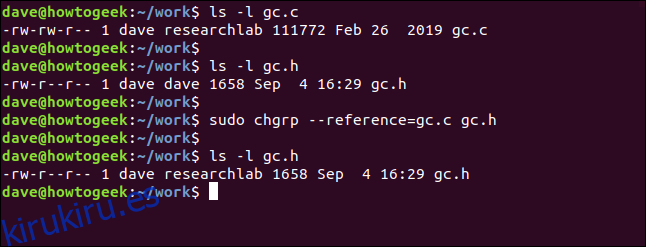 sudo chgrp --reference = gc.c gc.h en una ventana de terminal