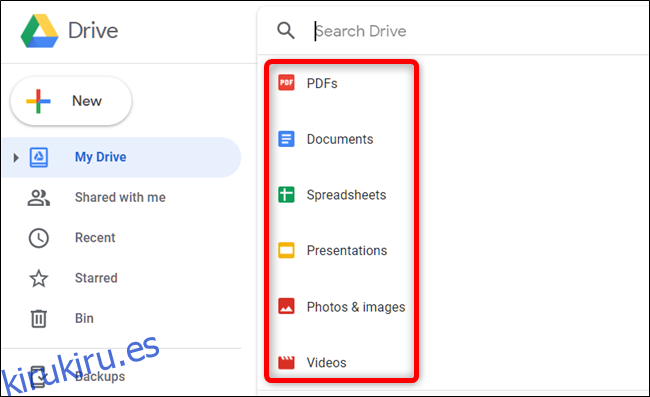 Haga clic en el cuadro de búsqueda y, a continuación, aparecerá una lista de tipos de archivos para elegir.