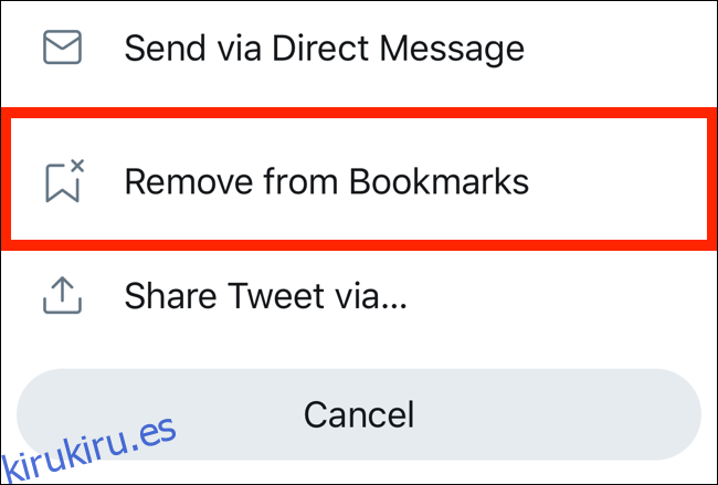 Toque Eliminar de marcadores para eliminar el tweet de la página de marcadores