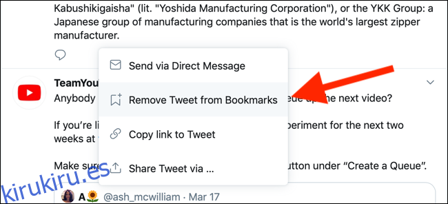 Haga clic en Eliminar tweet de marcadores para eliminarlo de la sección de marcadores