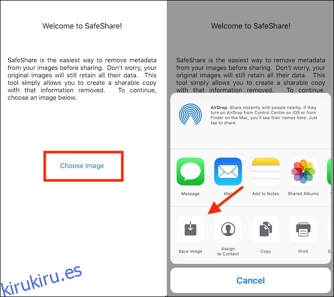 La aplicación SafeShare elimina los metadatos y guarda la imagen