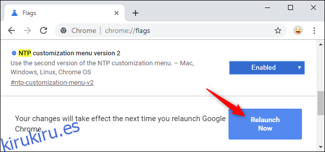 Reinicio de Chrome después de habilitar el nuevo menú de personalización de NTP.