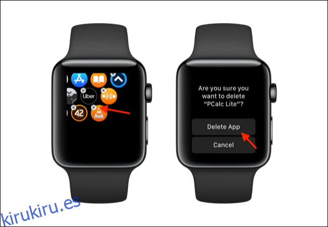 Toque el botón X y luego el botón Eliminar para eliminar una aplicación de Apple Watch