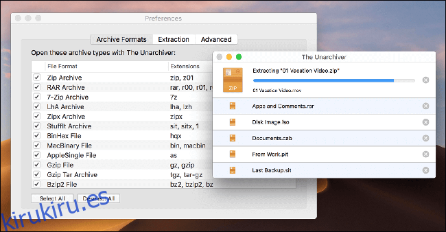 El Unarchiver extrayendo un archivo ZIP en una Mac.
