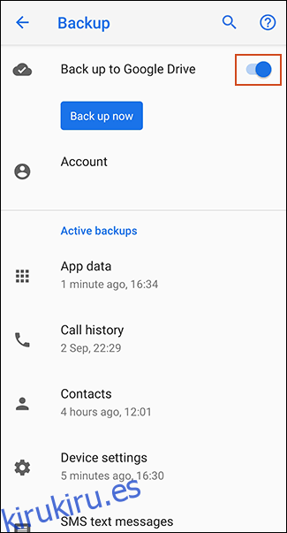 Alternar Copia de seguridad en Google Drive