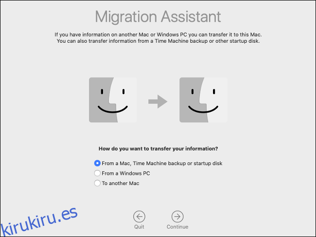 El panel del Asistente de migración de macOS.