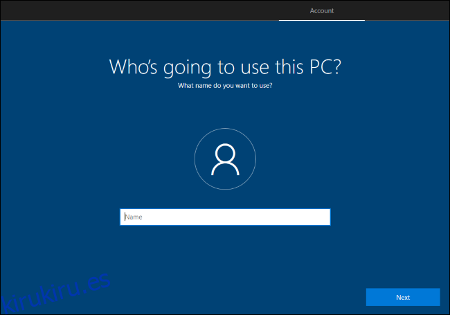 Crear una cuenta de usuario local en el proceso de configuración de Windows 10.