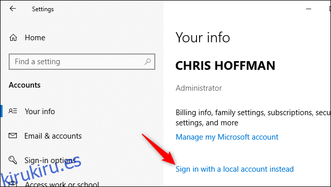 Conversión de una cuenta de Microsoft en una local en Windows 10.